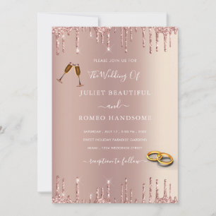 Rose Gold Blush Glitter Rings Wedding Invitation