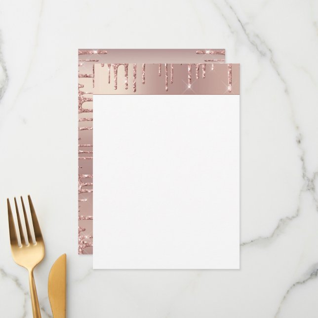 Rose Gold Blush Glitter Sparkle Drips Chic Luxury Menu (Front/Back In Situ)