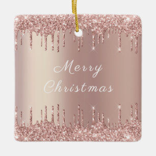 Rose Gold Blush Glitter Sparkle Drips - Christmas Ceramic Ornament