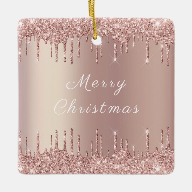 Rose Gold Blush Glitter Sparkle Drips - Christmas Ceramic Ornament (Front)