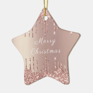 Rose Gold Blush Glitter Sparkle Drips Christmas Ceramic Tree Decoration