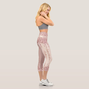 Rose Gold Blush Glitter Sparkle Drips Custom Text Capri Leggings
