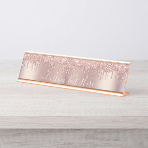 Rose Gold Blush Glitter Sparkle Drips Custom Text Desk Name Plate