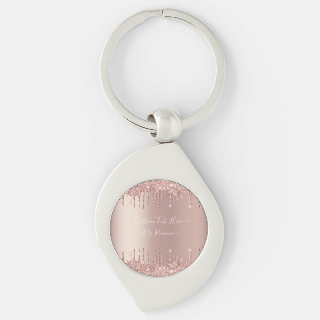 Rose Gold Blush Glitter Sparkle Drips Custom Text  Key Ring (Front)