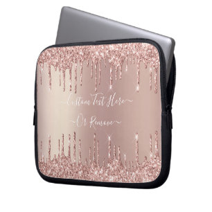 Rose Gold Blush Glitter Sparkle Drips Custom Text  Laptop Sleeve
