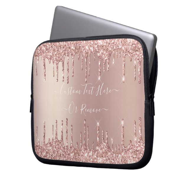Rose Gold Blush Glitter Sparkle Drips Custom Text  Laptop Sleeve (Front Left)