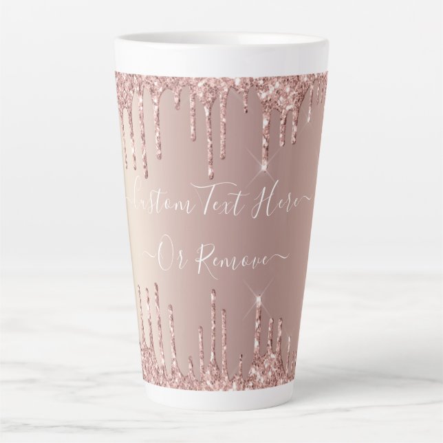 Rose Gold Blush Glitter Sparkle Drips Custom Text  Latte Mug (Front)
