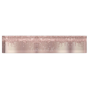 Rose Gold Blush Glitter Sparkle Drips Custom Text Nameplate