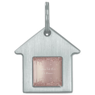Rose Gold Blush Glitter Sparkle Drips Custom Text  Pet ID Tag