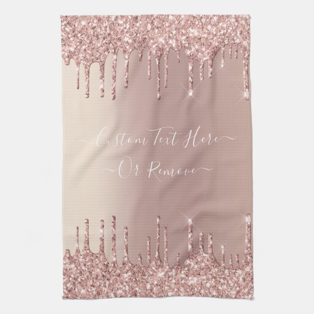 Rose Gold Blush Glitter Sparkle Drips Custom Text  Tea Towel (Vertical)