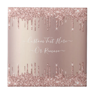 Rose Gold Blush Glitter Sparkle Drips Custom Text  Tile