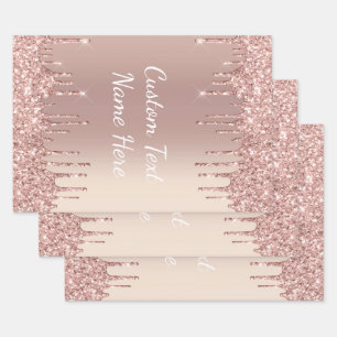 Rose Gold Blush Glitter Sparkle Drips Custom Text  Wrapping Paper Sheet