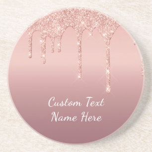 Rose Gold Blush Glitter Sparkle Drips Text Wedding Coaster