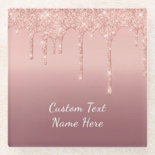 Rose Gold Blush Glitter Sparkle Drips Text Wedding Glass Coaster