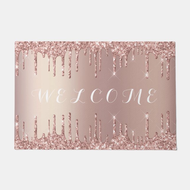 Rose Gold Blush Glitter Sparkle Drips - Welcome Doormat (Front)