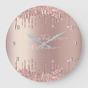 Rose Gold Blush Glitter Sparkle Drips - Your Text Large Clock