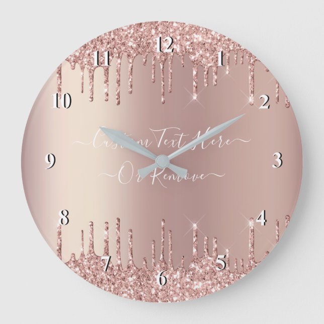 Rose Gold Blush Glitter Sparkle Drips - Your Text Large Clock (Front)