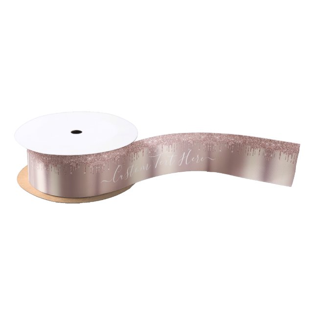 Rose Gold Blush Glitter Sparkle Drips - Your Text Satin Ribbon (Spool)