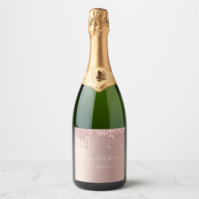 Rose Gold Blush Glitter Sparkle Drips - Your Text Sparkling Wine Label (Front)