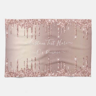 Rose Gold Blush Glitter Sparkle Drips - Your Text Tea Towel