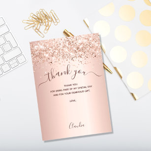 Rose gold blush glitter thank you card