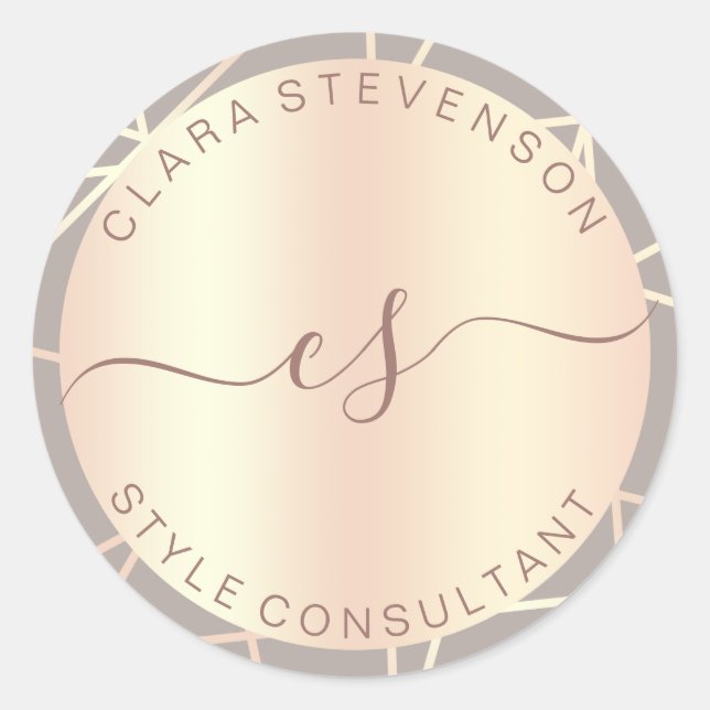 Rose gold & blush grey geometric style consultant classic round sticker (Front)