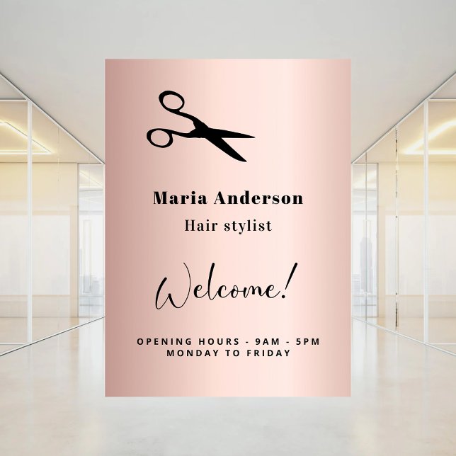 Rose gold blush hair stylist opening hours welcome window cling (Creator Uploaded)