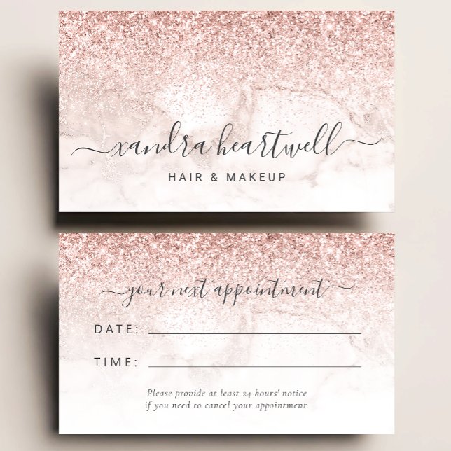 Rose Gold Blush Marble Glitter Script Appointment Business Card (Creator Uploaded)