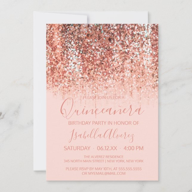 Rose Gold Blush Mermaid Glitter Ombre Quinceañera Invitation (Front)
