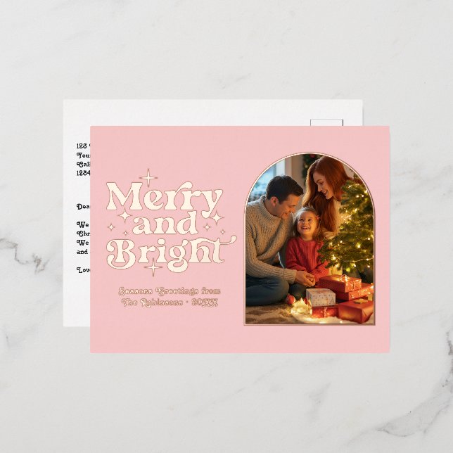 Rose Gold & Blush Merry and Bright Retro Christmas Foil Holiday Postcard (Front/Back)
