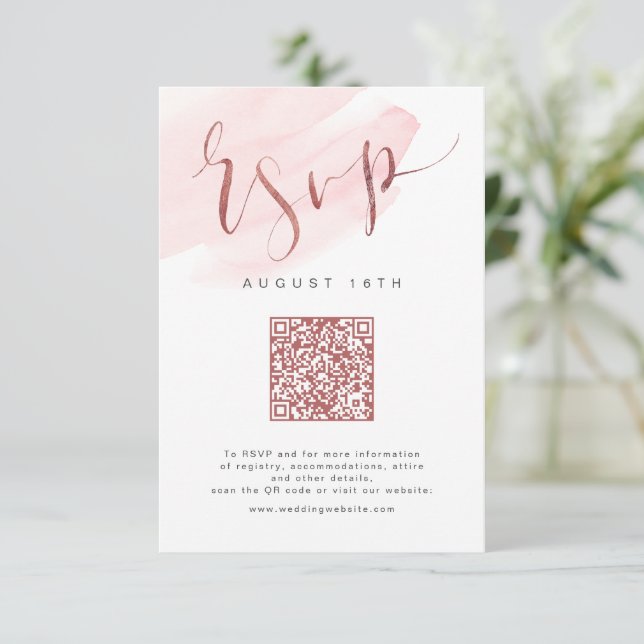 Rose Gold Blush Modern Script wedding QR code RSVP Card (Standing Front)