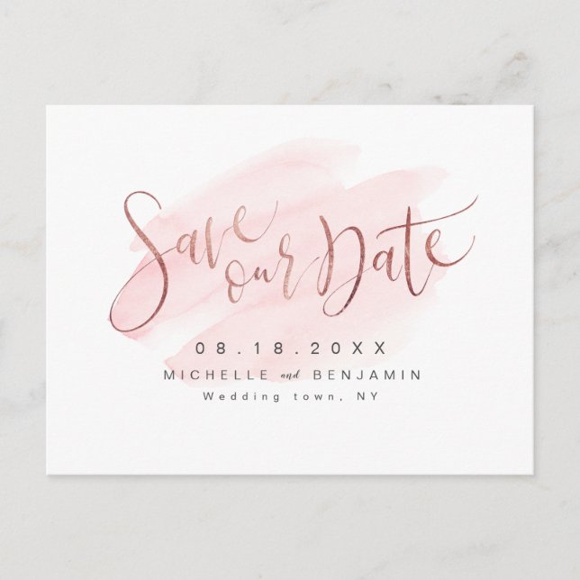 Rose Gold Blush Modern Simple Script Save The Date Announcement Postcard (Front)