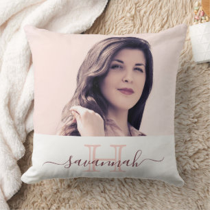 Rose gold blush monogram photo script cushion