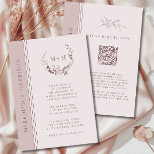 Rose Gold Blush Monogram QR Code Wedding Invitation