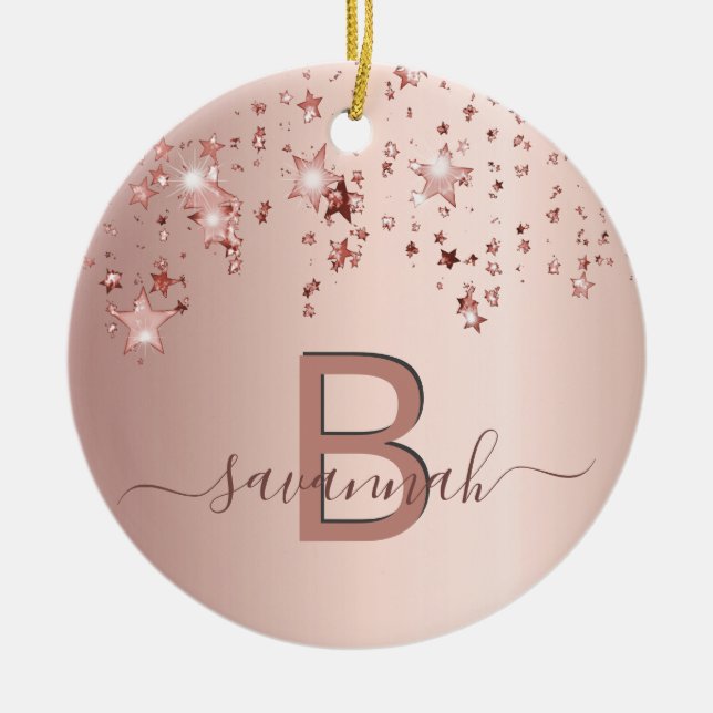 Rose gold blush monogram stars ceramic tree decoration (Front)