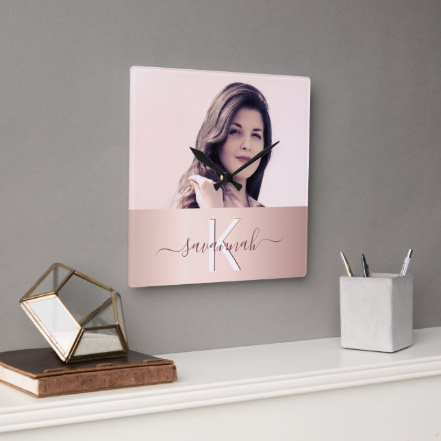 Rose gold blush name monogram photo glamourous square wall clock (Office)