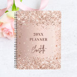 Rose gold blush name script 2025 planner<br><div class="desc">A faux rose gold metallic looking background with confetti.  Personalize and add a name. The name is written in dark rose gold with a large modern hand lettered script,  signature style. Perfect for school,  work or organizing your personal/family life.</div>