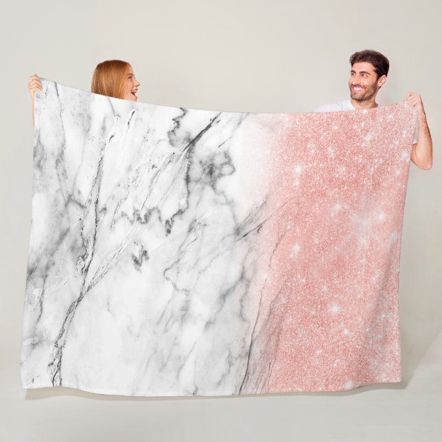 Rose Gold Blush Ombre Glitter on Trendy Marble Fleece Blanket (In Situ)