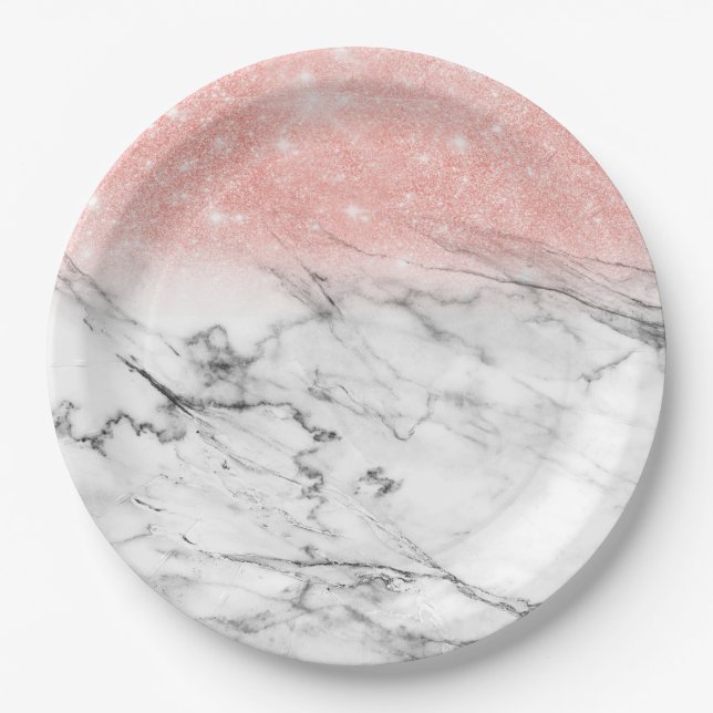 Rose Gold Blush Ombre Glitter on Trendy Marble Paper Plate (Front)