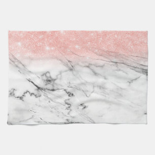 Rose Gold Blush Ombre Glitter on Trendy Marble Tea Towel