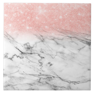 Rose Gold Blush Ombre Glitter on Trendy Marble Tile