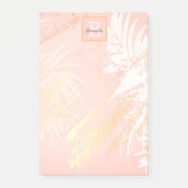Rose gold blush palm foliage monogram name post-it notes (Front)