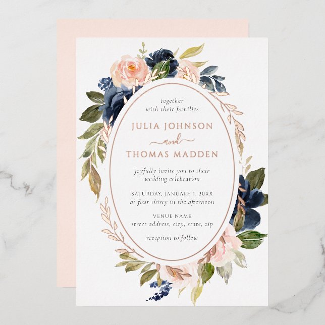 Rose Gold Blush Peach Navy Floral Wedding  (Front/Back)