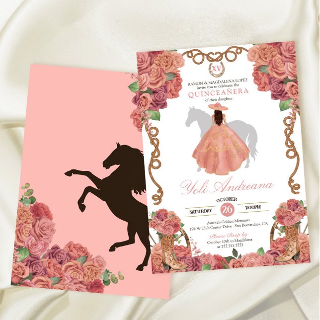 Rose Gold Blush Peach Western Charro Quinceañera Invitation (Creator Uploaded)