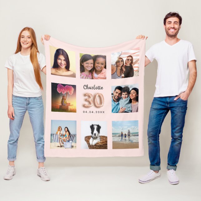 Rose gold blush photo collage name 30th birthday fleece blanket (In Situ)