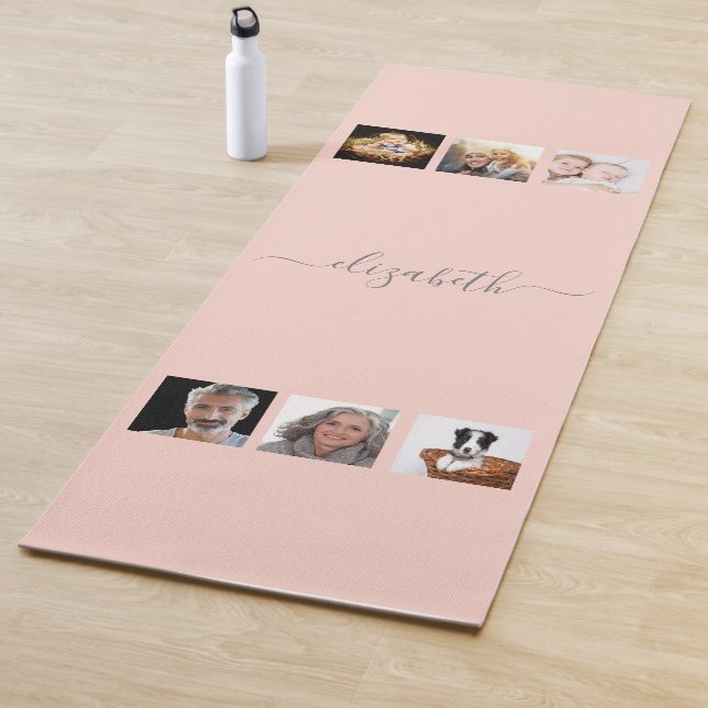 Rose gold blush photo collage name script yoga mat (In Situ)