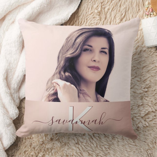 Rose gold blush photo monogram name cushion (Blanket)