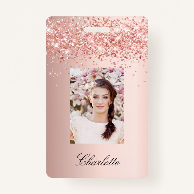 Rose gold  blush photo name ID badge (Front)