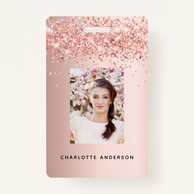 Rose gold blush photo name ID badge (Front)