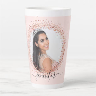 Rose gold blush photo name script latte mug